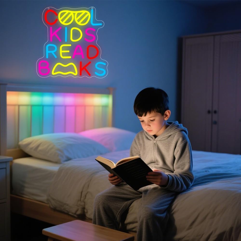 Cool Kids Read Books Neon Sign,Classroom Neon Sign Gift for Kids Teens,Reading LED Light Wall Decor for Library Reading Corner Bedroom Book Themed Party Decorations Study Room USB Powered（12.2"*12.1"）