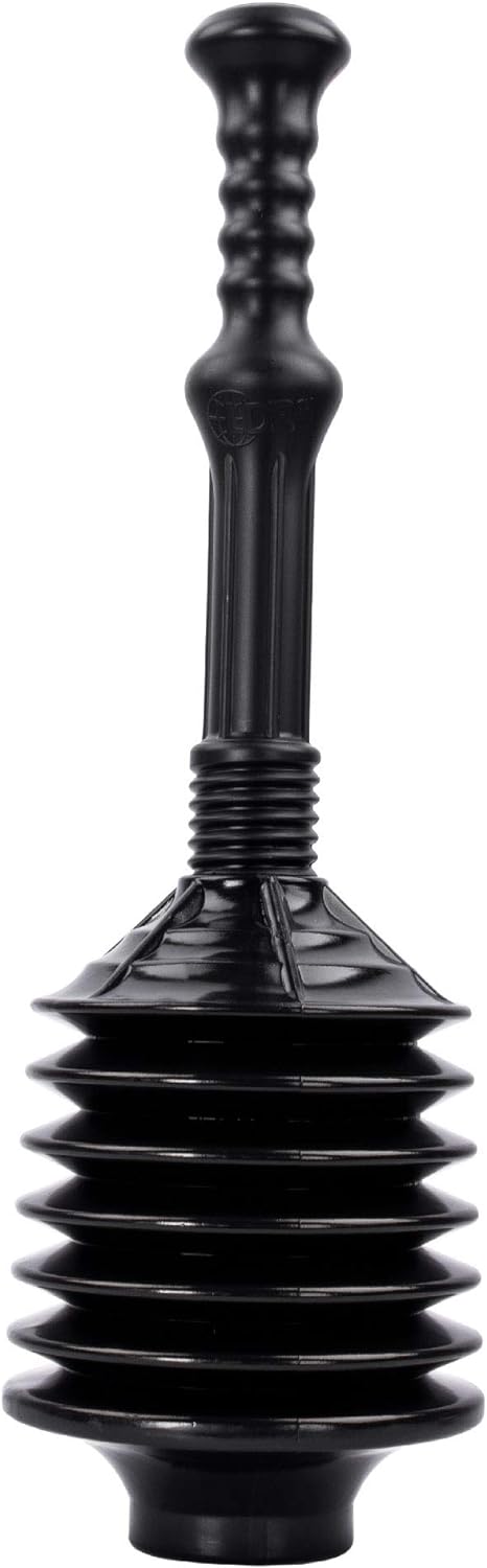 JS Jackson Supplies Professional Bellows Accordion Toilet Plunger, High Pressure Thrust Plunge Removes Heavy Duty Clogs from Clogged Bathroom Toilets, All Purpose Power Plungers for Bathrooms, Black