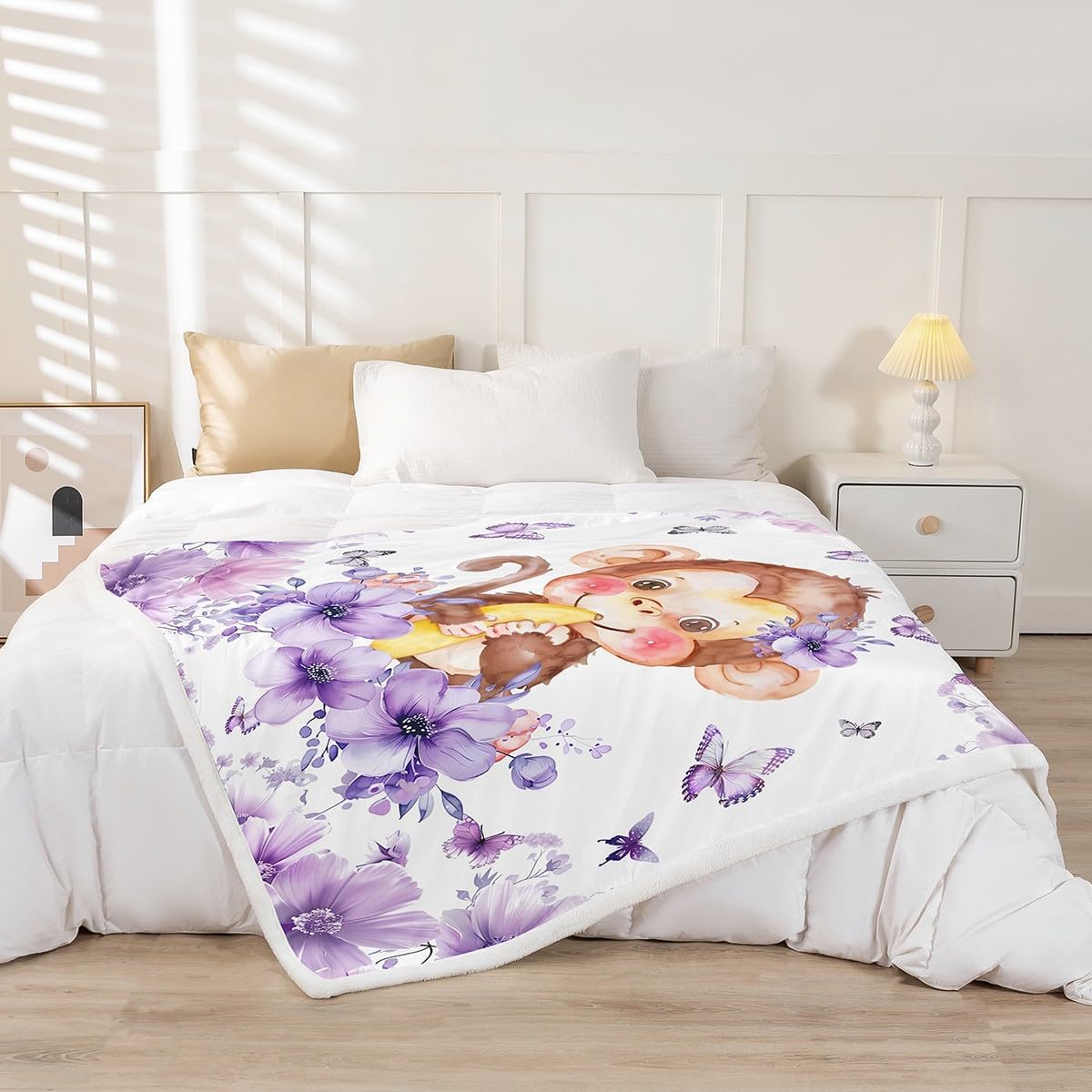 Erosebridal Monkey Throw Blanket Twin 60x80 Inch for Bedroom Living Room Sofa Couch,Cartoon Zoo Animal Fleece Blanket,Flying Butterflies Sherpa Blankets,Purple Flower Fuzzy Blankets