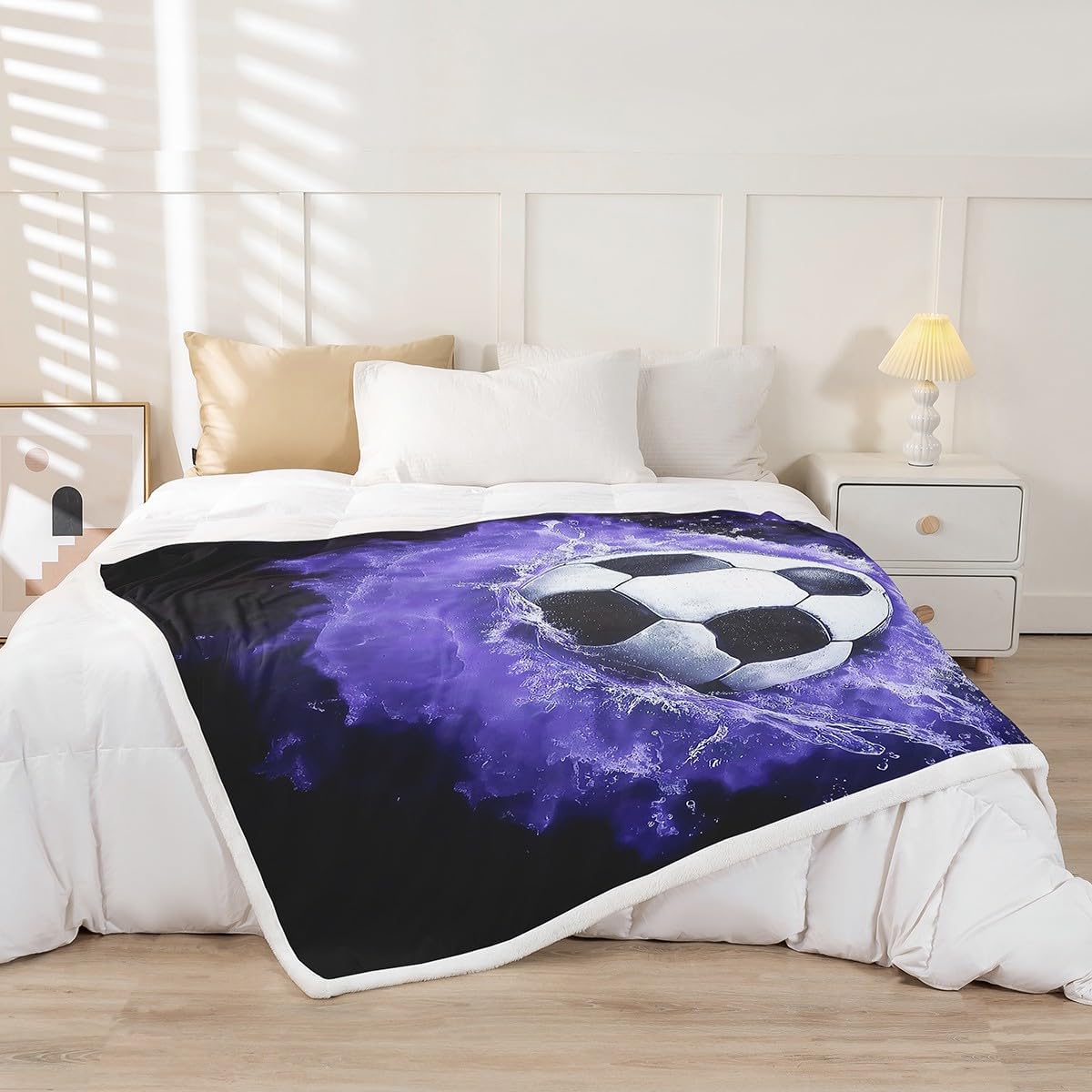 Feelyou Soccer Fleece Throw Blanket Twin 60"x80" Soccer Ball Game Plush Blanket Gift for Football Lover Sherpa Blanket Rugby Sports Fuzzy Blanket Purple Black Flannal Blanket