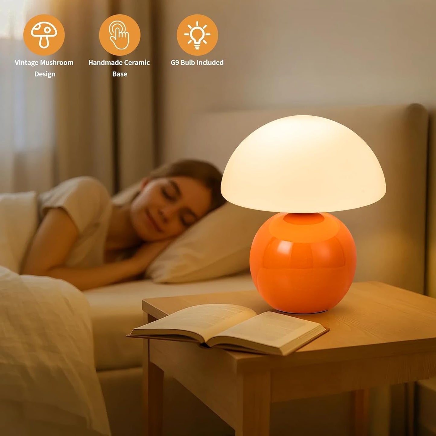Mushroom Table Lamp, Orange Vintage LED Desk Light for Bedroom, Dimmable Ambient Lighting with Glass Shade for Bedroom, Reading, Home Décor, Gift for Friends