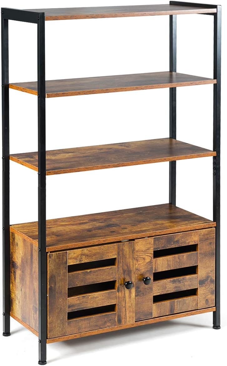 Tangkula Storage Cabinet, Industrial Bookshelf and Bookcase, Freestanding Floor Cabinet with 3 Shelves and 2 Louvered Doors, for Living Room Study Home Office, 27.5 x 12 x 47.5 Inch, Rustic Brown