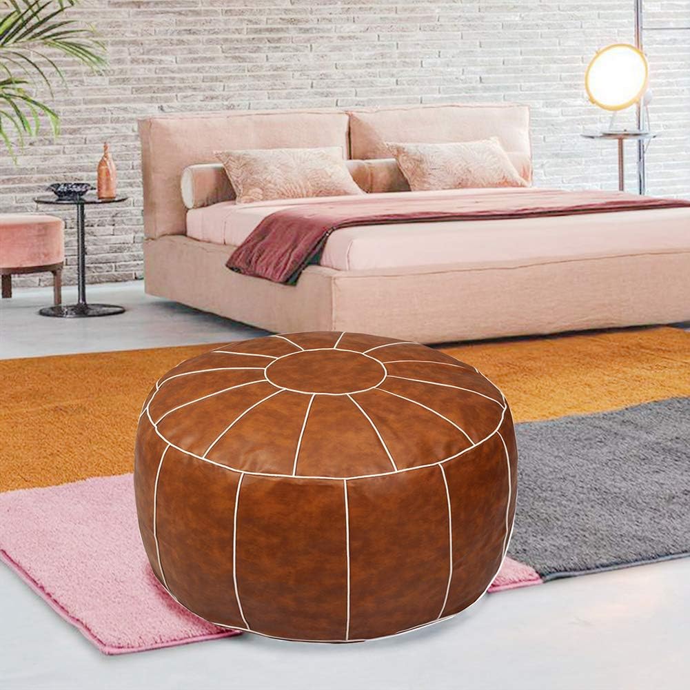 Decorative Pouf Foot Stool Round Unstuffed Leather Ottoman Cushion Storage seat or for Resting Your Feet on, Floor Chair Foot Living Room Bedroom Kids Room and Wedding (Brown)