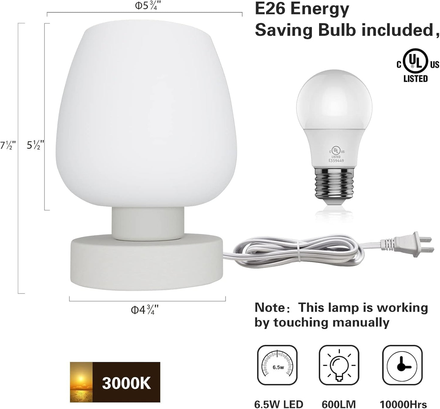 ONEWISH Small Bedside Lamp for Bedroom, 3-Way Dimmable Touch Control, 600 Lumen Bright Opal Glass Shade, 7.5 Inch Ultra Compact Nightstand Lamp, Warm White 2700K LED Bulb Included, Modern Design