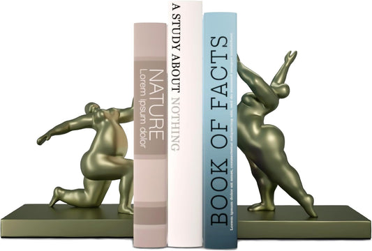 Decorative Bookends Set of 2 – Modern Sculptural Art Book Ends with Adjustable Magnetic Phone & Tablet Holder – Premium Resin with Metal Plate – Contemporary Home & Office Decor – Metallic Sage