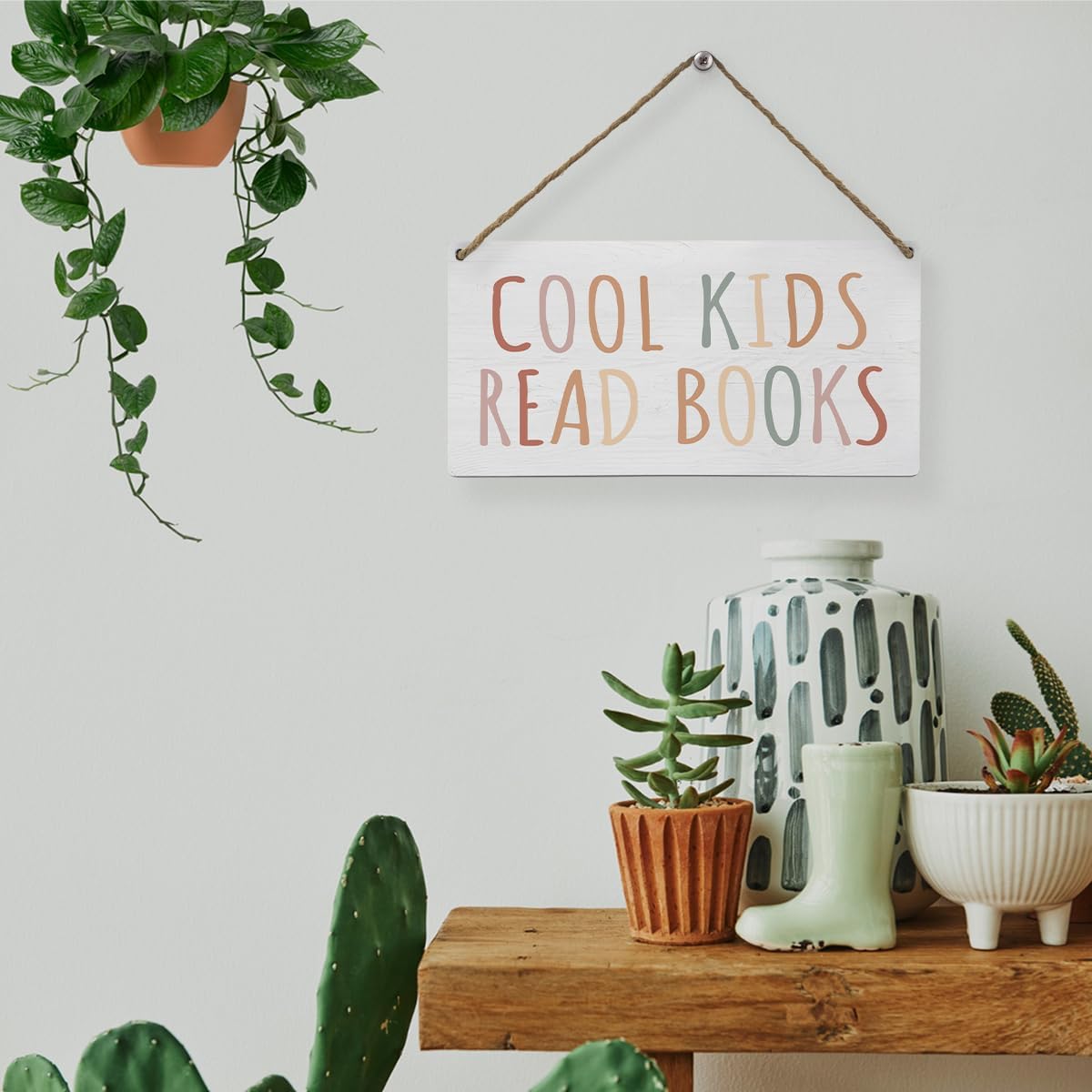 Mtrgdn Cool Kids Read Books Wood Wall Hanging Tags,Inspirational Read Quote Sign Wall Decor,Classroom Wall Hanging Sign for Kids,Read Corner Nursery School Playroom Decor,12x6Inch