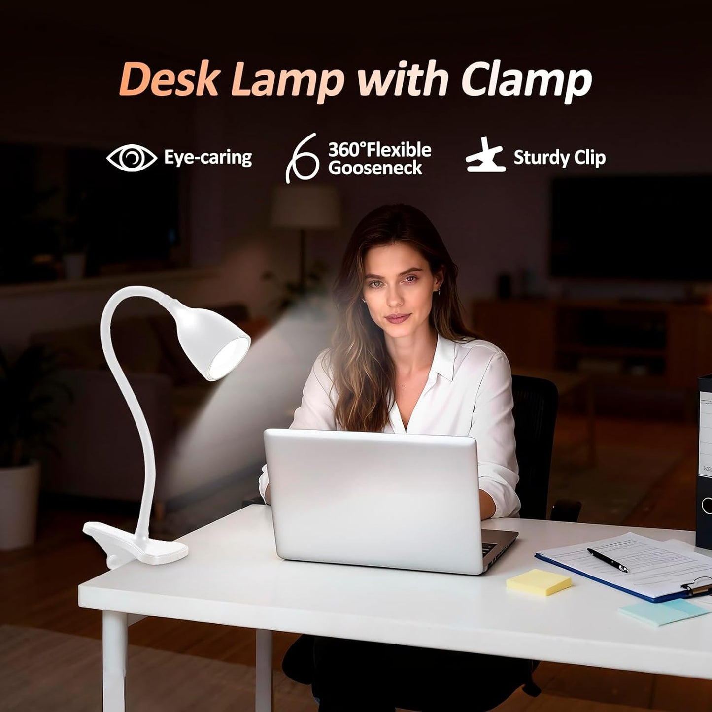 Desk Lamp for Home Office - Clip on Reading Light and Bed Headboard Clamp Lamp, Bedside Gooseneck Table Lamp, Clip on Desk Lamps, Eye-Caring Desk Lamp for College Dorm Room Study Lamp, White