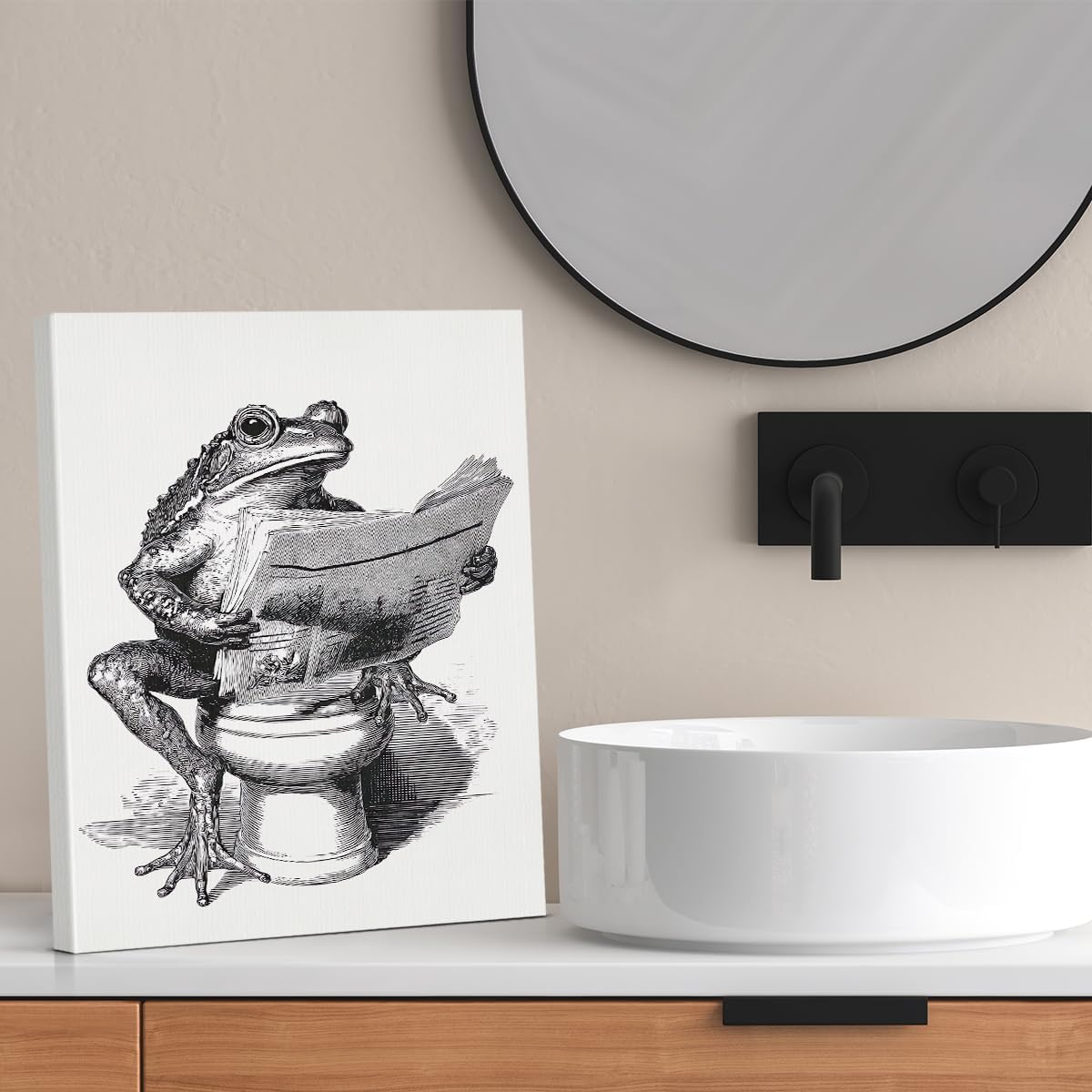 Funny Retro Toad Bathroom Wall Art Decor Toad Reading Newspaper on Toilet Print Picture Funny Animal Bathroom Wall Decor 11x15 Inch Canvas Framed