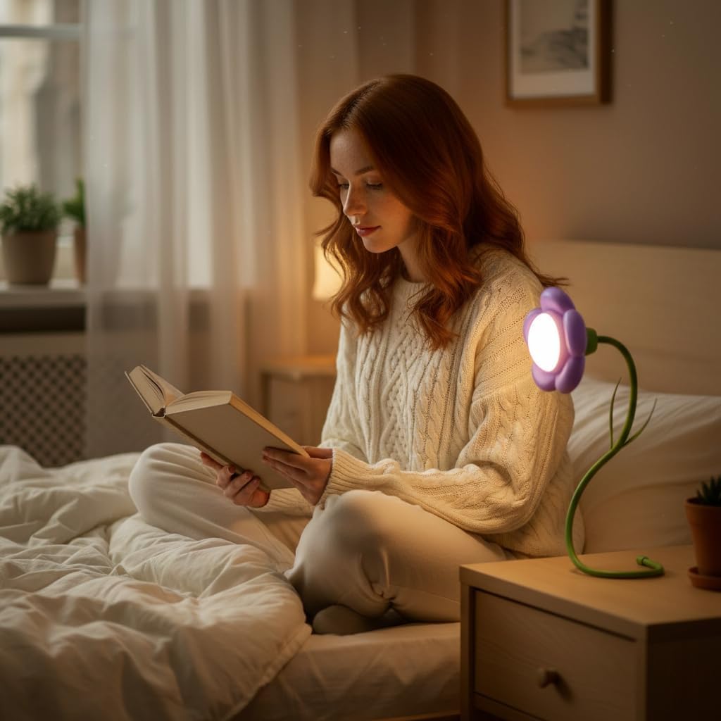Birthday Gifts for Women,Sunflower Flower Lamp Rechargeable Cordless Led Reading Light,3-Colour Infinitely Dimming Small Night Light for Festival Gifts for Mom Girlfriend Grandma (Purple)