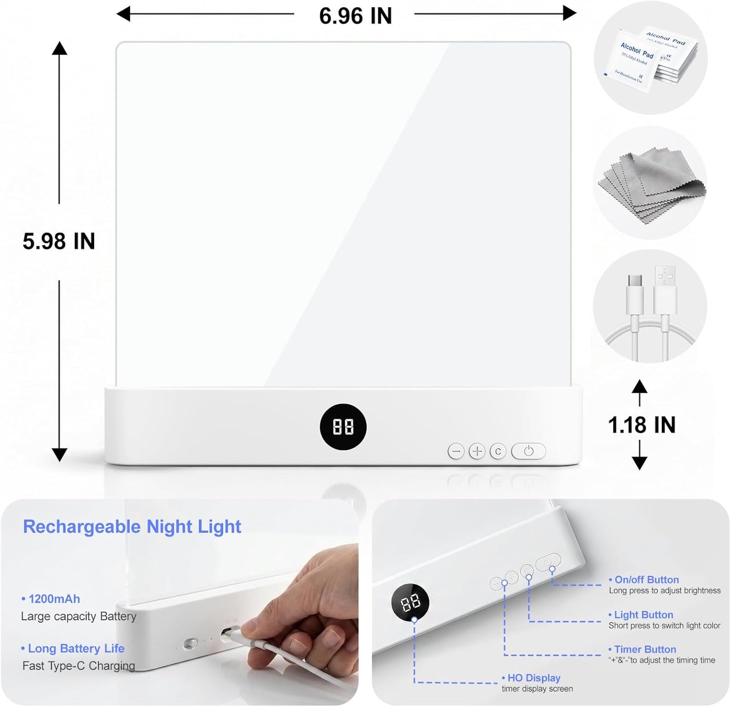 QCQHDU Smart Led Reading Light, Book Lights for Reading at Night, Rechargeable Clear Flat Reading Lights with 3 Colors & Timer, Eye-Friendly Glow, Transparent Doodleable (White)