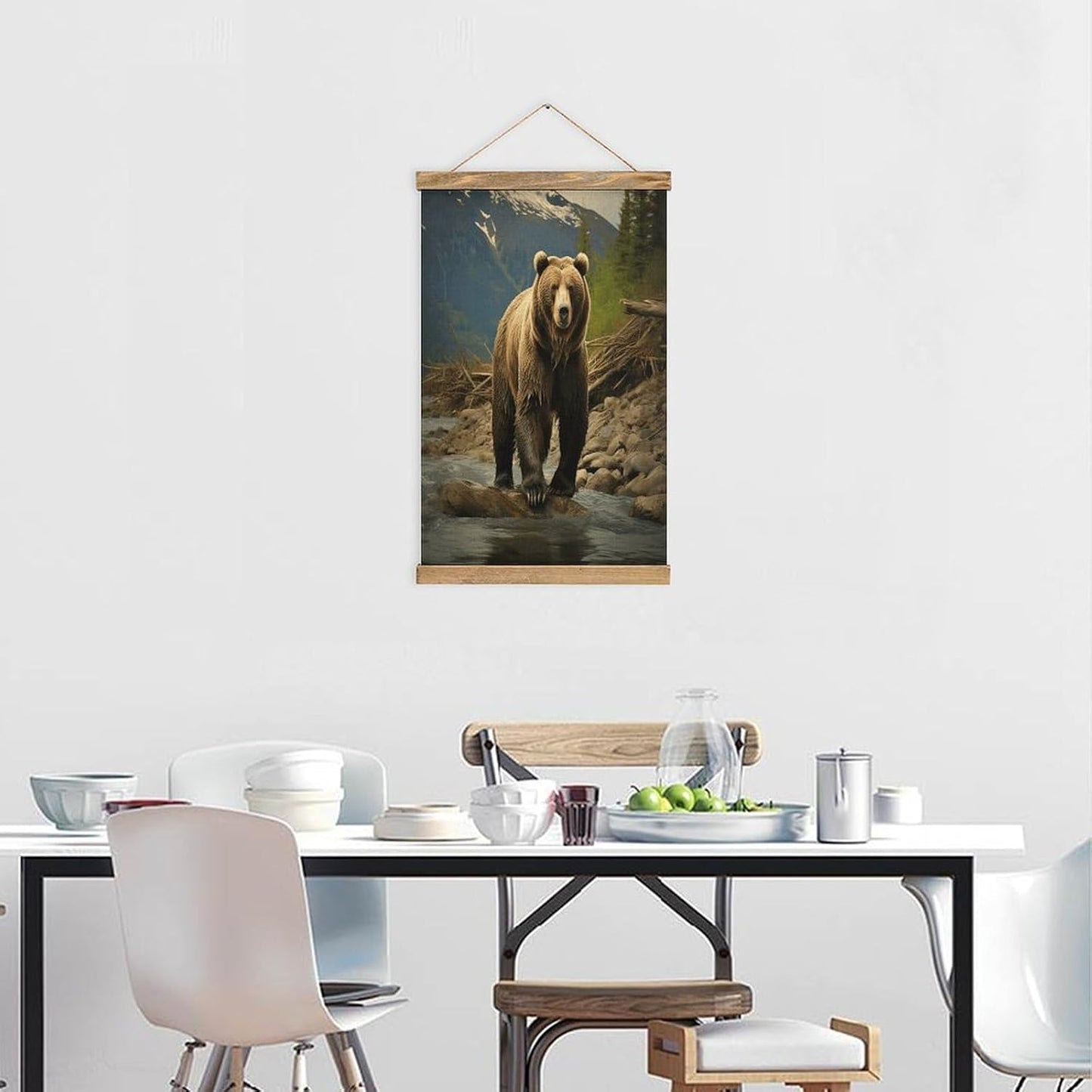 Vintage Brown Bear Poster with Wooden Frame Personalized Linen Hanging Scroll Painting Rustic Wall Hanging Illustrative Modern Artwork Decor for Home Living Room Bedroom Office