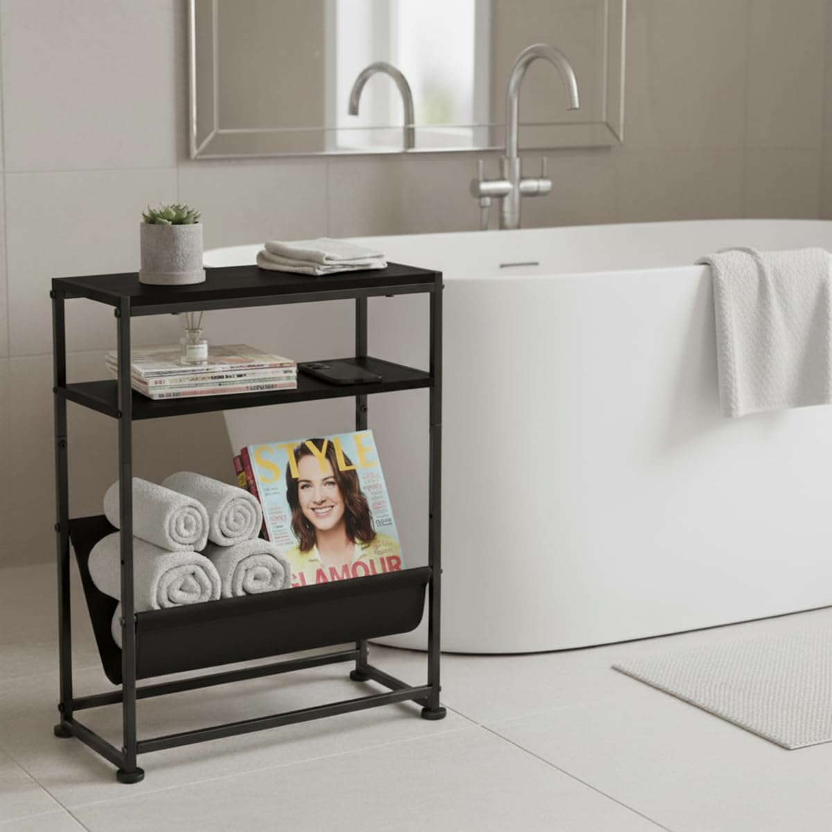 Narrow End Table for Small Spaces - Slim Side Table with Magazine Holder,2 in 1 Design Narrow Coffee Table Living Room,Skinny Bedroom Nightstand Thin Side Magazine Table,Black