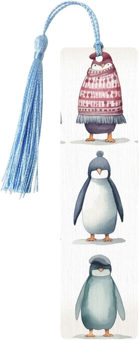 Penguin Wearing Clothes Bookmarks Gifts for Women Men, Wooden Bookmarks for Book Lovers, Vintage Book Marks Ornaments with Tassel, Unique Personalized Reading Page Markers Sky Blue