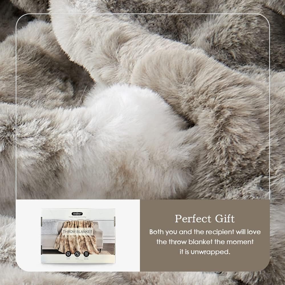 Krifey Oversized Faux Fur Throw Blanket, Soft Fluffy Fuzzy Cozy Blanket for Couch, Sofa and Bed, Luxury Mink Plush for Women, Room Home Dorm Decor, Marbled Gray 60" x 80", Warm 600GSM