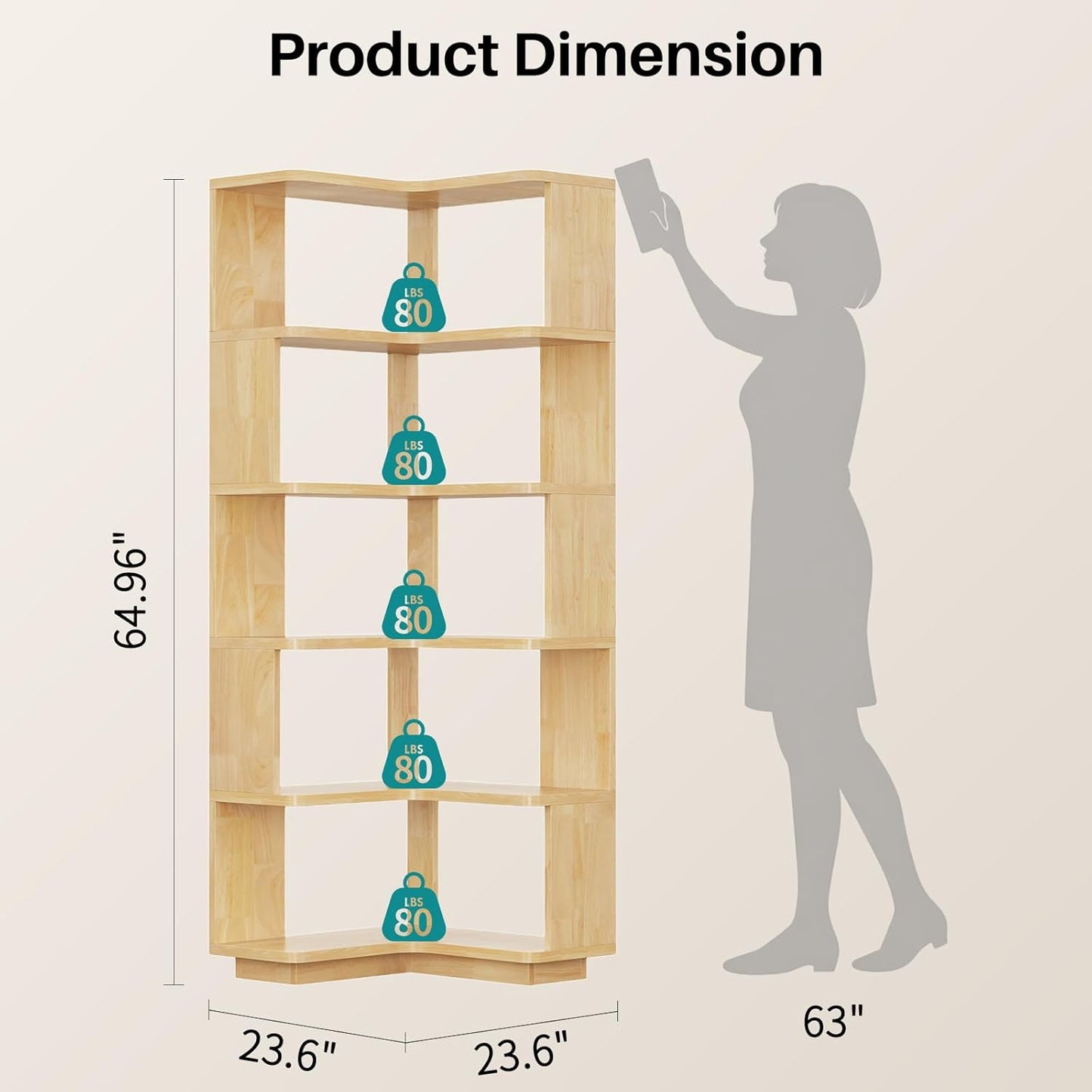Wooden 5 Tier Corner Bookshelf - 65" Tall L-Shaped Corner Book Shelves for Space Saving, Solid Wood Bookcase Open Display Shelf with Baffle for Home Office, Living Room, Bedroom, Kitchen, Natural