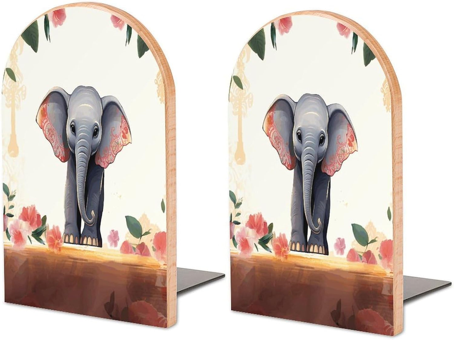 Lucky Elephant Bookend for Shelves Wooden Book End Large Size Sturdy Book Holders Stoppers with Metal Base for Bookshelves Slick Decorative Bookends Stands