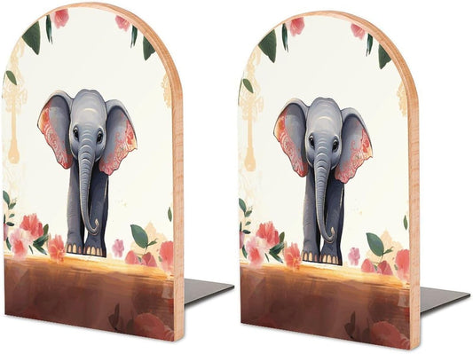 Lucky Elephant Bookend for Shelves Wooden Book End Large Size Sturdy Book Holders Stoppers with Metal Base for Bookshelves Slick Decorative Bookends Stands