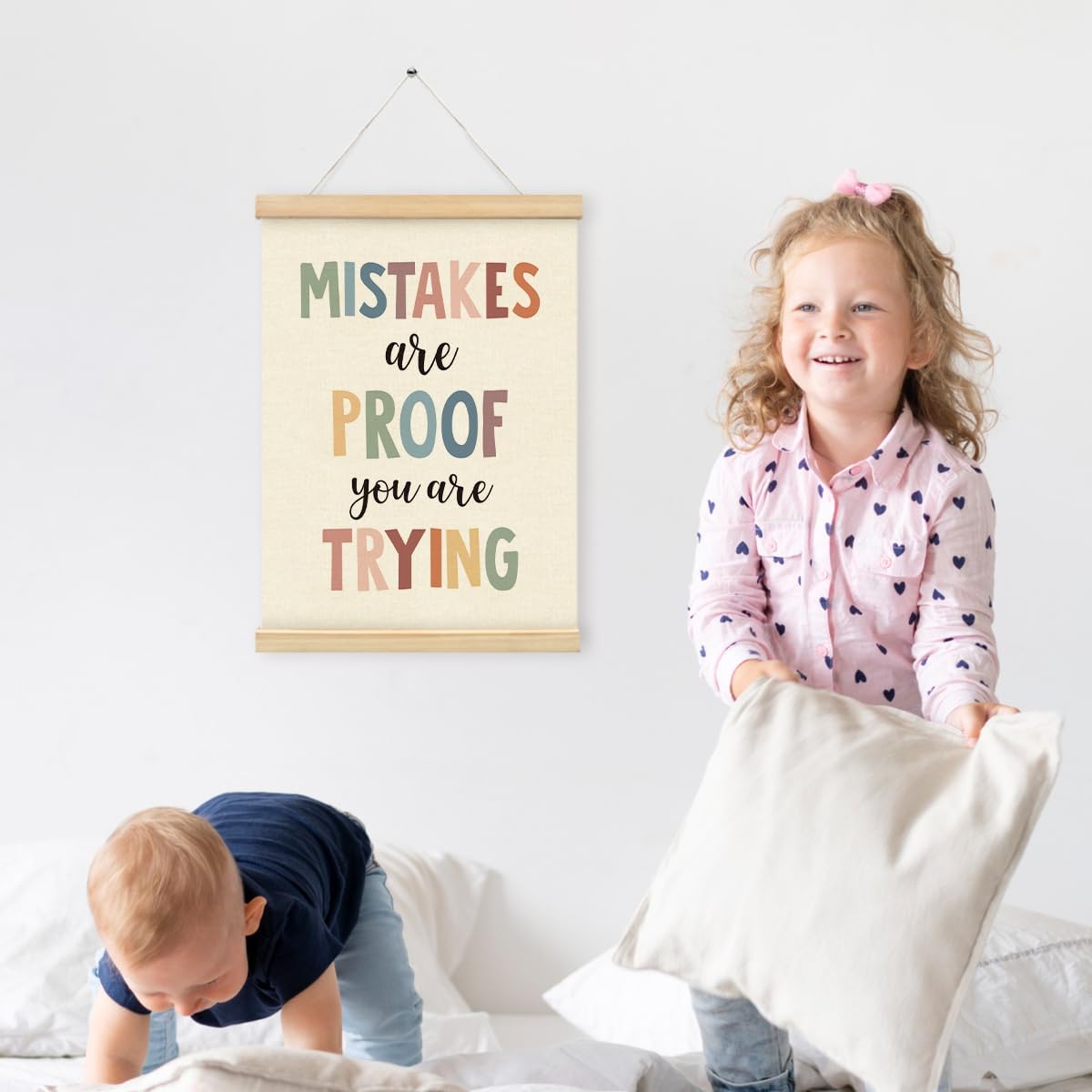 PLKMN Boho Classroom Decor, Mistakes are Proof You are Trying Wall Art with Wooden Poster Hanger, Inspirational Wall Decor for Classroom, Classroom Posters, Classroom Wall Art, 12x16 Inch
