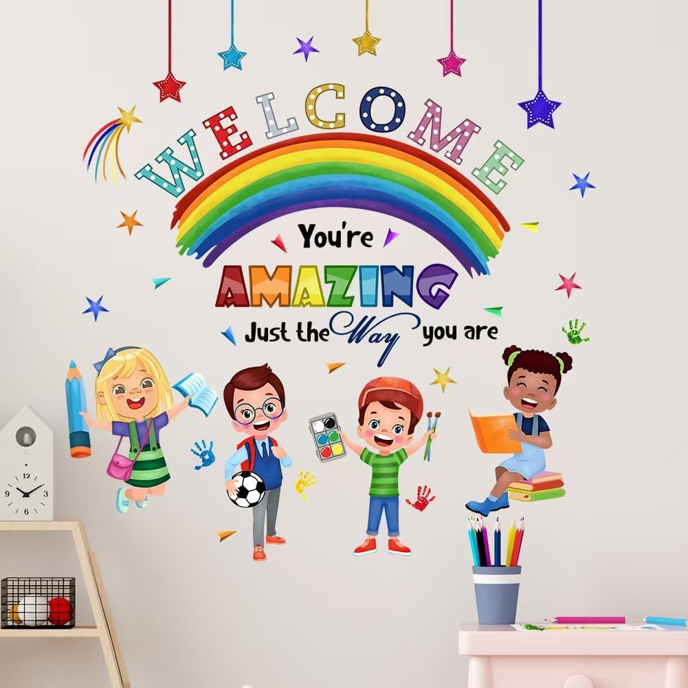 Kids Inspirational Quotes You are Amazing Wall Decal Reading Corner Rainbow Wall Stickers for Classroom Kids Playroom Nursery Reading Room Bedroom