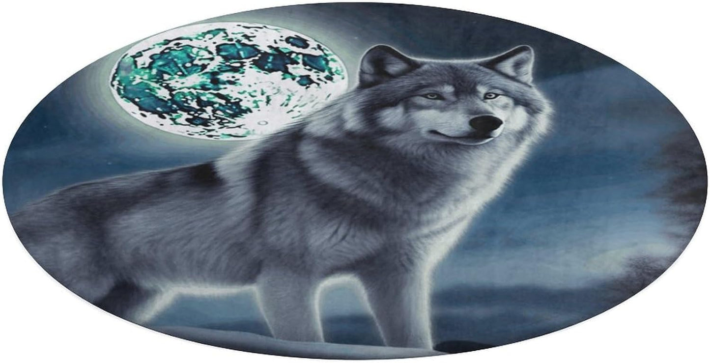 Wolf Under Moon Circle Rug Retro Luxury Coral Velvet Floor Mat Non Slip Soft Indoor Floor Carpet Comfy Thickened Area Rugs Modern Aesthetic Minimalist Carpets for Home Decor