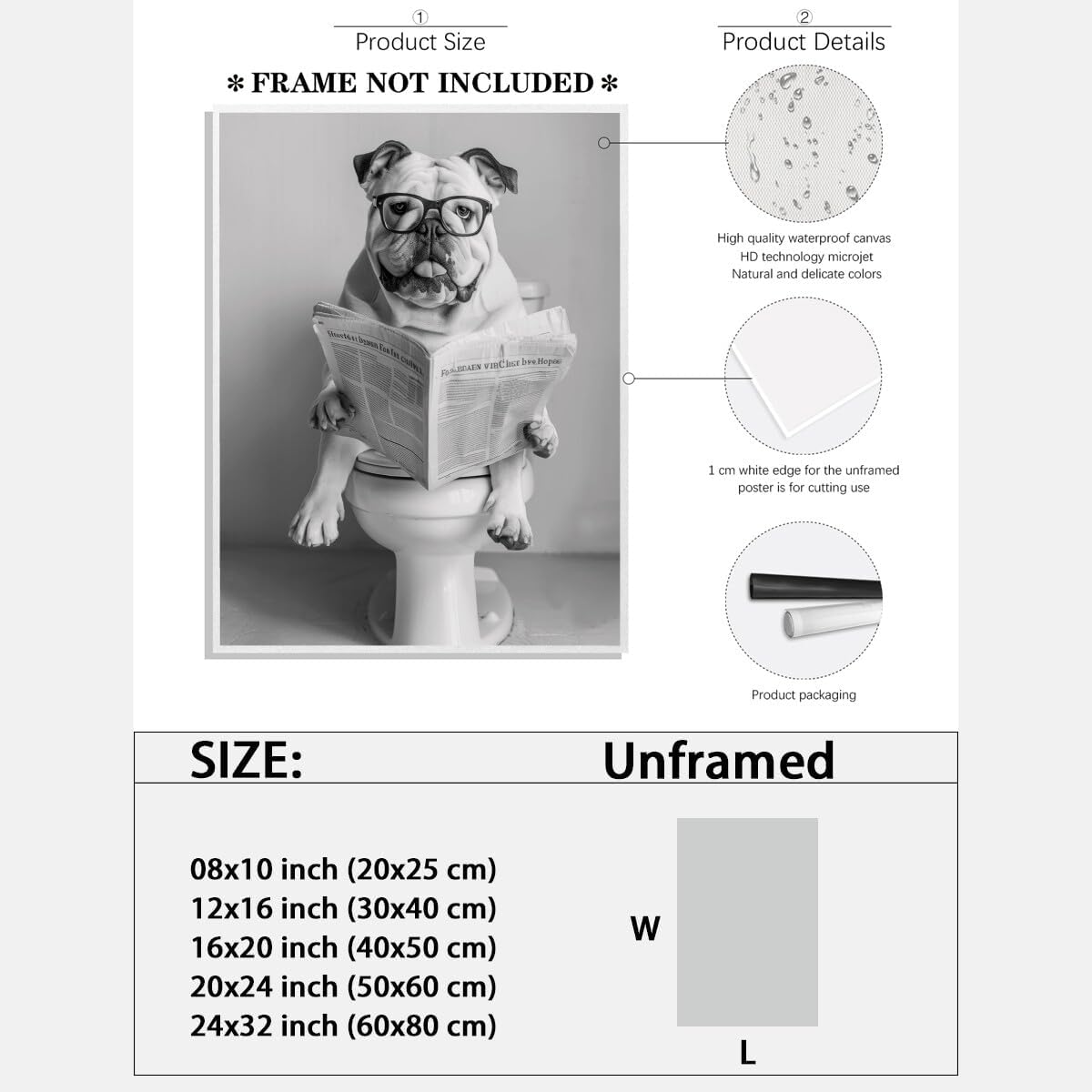 Funny Dog wall art Pitbull Sitting On Toilet Reading Newspaper Black and White Canvas Print Retro Bathroom Aesthetic Posters Pet Decor Bathroom Art Wall decor Unframed12x16inch