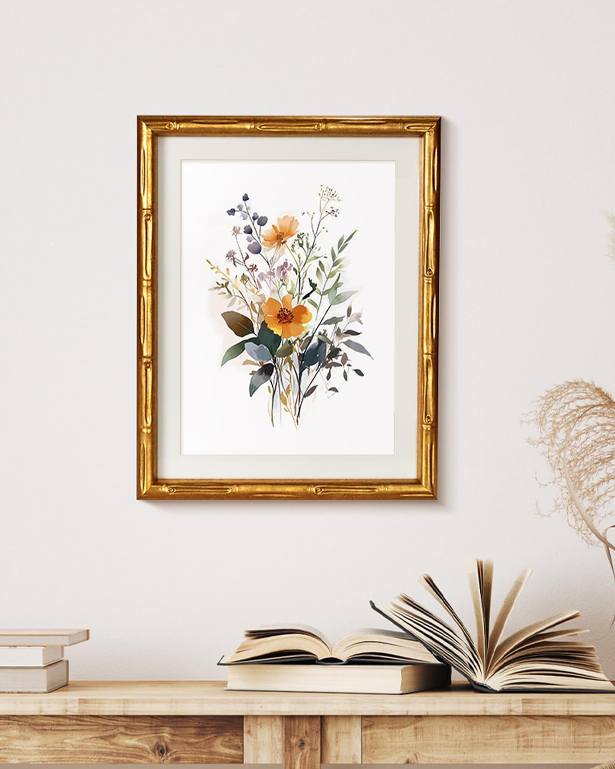 Gold Bamboo Style Framed Floral Canvas Wall Art, Elegant 11x14 Inch Botanical Flower Print, Modern Soft Illustration Watercolor-Inspired Artwork, Bedroom Entryway Bathroom Decor