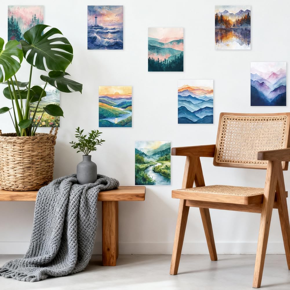 CRAFTYMELODY Watercolor Landscape Wall Art Prints Set of 9 Mental Health Poster Wall Decor Therapy Home Artworks for Living Room Bedroom Classroom Office Decoration 8x10 Inch Unframed