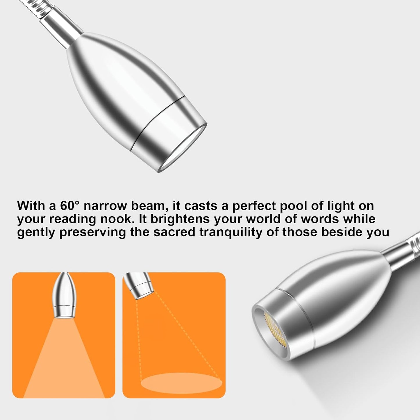 Wall Mounted LED Reading Light with 360° Flexible Gooseneck, Dimmable Bedside Reading Lights for Books In Bed, Plug In Headboard Night Lights, Eye-Caring, 3 Colors Temperature, Touch Control-2 Pack