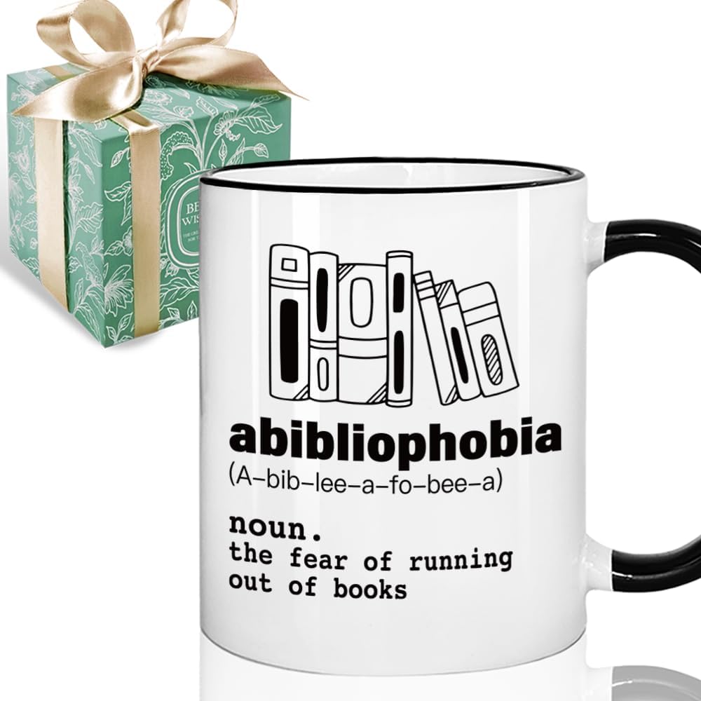 Funny Book Lover Gifts for Women Men Librarian Reader, Novelty Book Mug Gift for Bookworm Booknerd, Abibliophobia Definition Mug 11oz