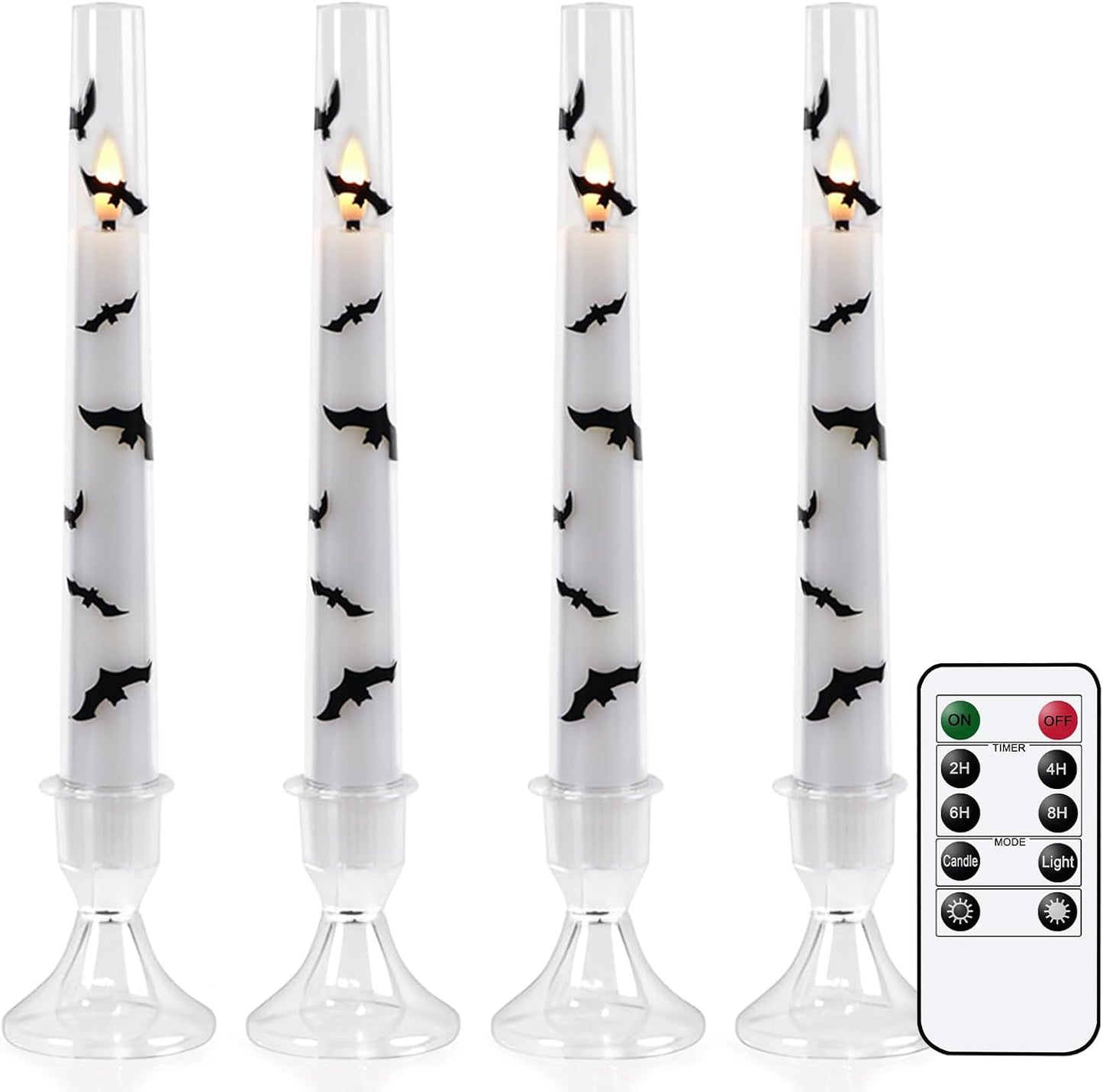 GenSwin Halloween Flameless Taper Candles, 4 Pack Bats LED Taper Candles Battery Operated with Remote Timer, Acrylic Flameless Candlesticks with Bat Prints for Halloween Decor(0.78” x 7.87”)