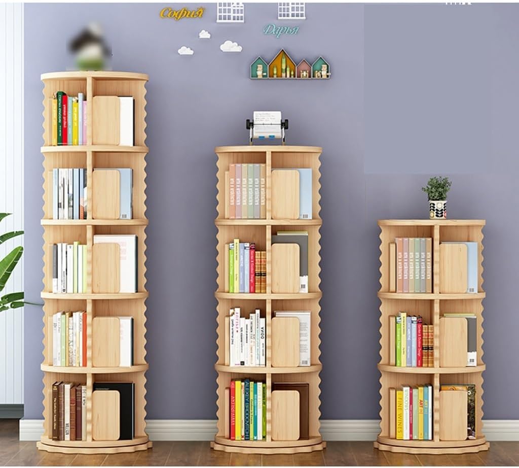 Rotating Bookshelf 360° for Small Space - Wood Floor Standing Bookcase Storage Rack for Kids' Room & Bedroom - 2/3/4/5/6 Tier StudyRoom Organizer