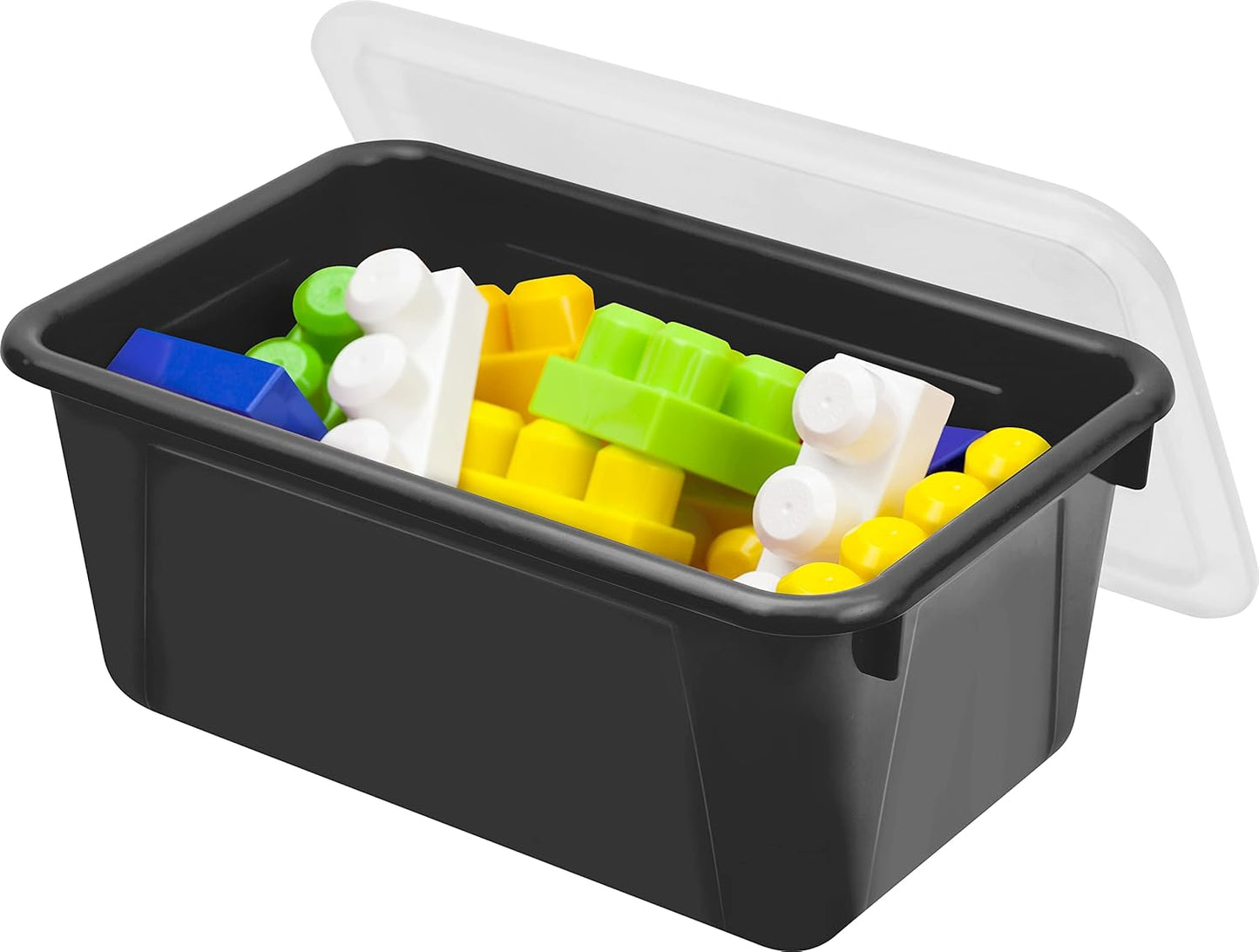 Storex Small Cubby Bins – Plastic Storage Containers for Classroom with Non-Snap Lid, 12.2 x 7.8 x 5.1 inches, Black, 5-Pack (62463U05C)