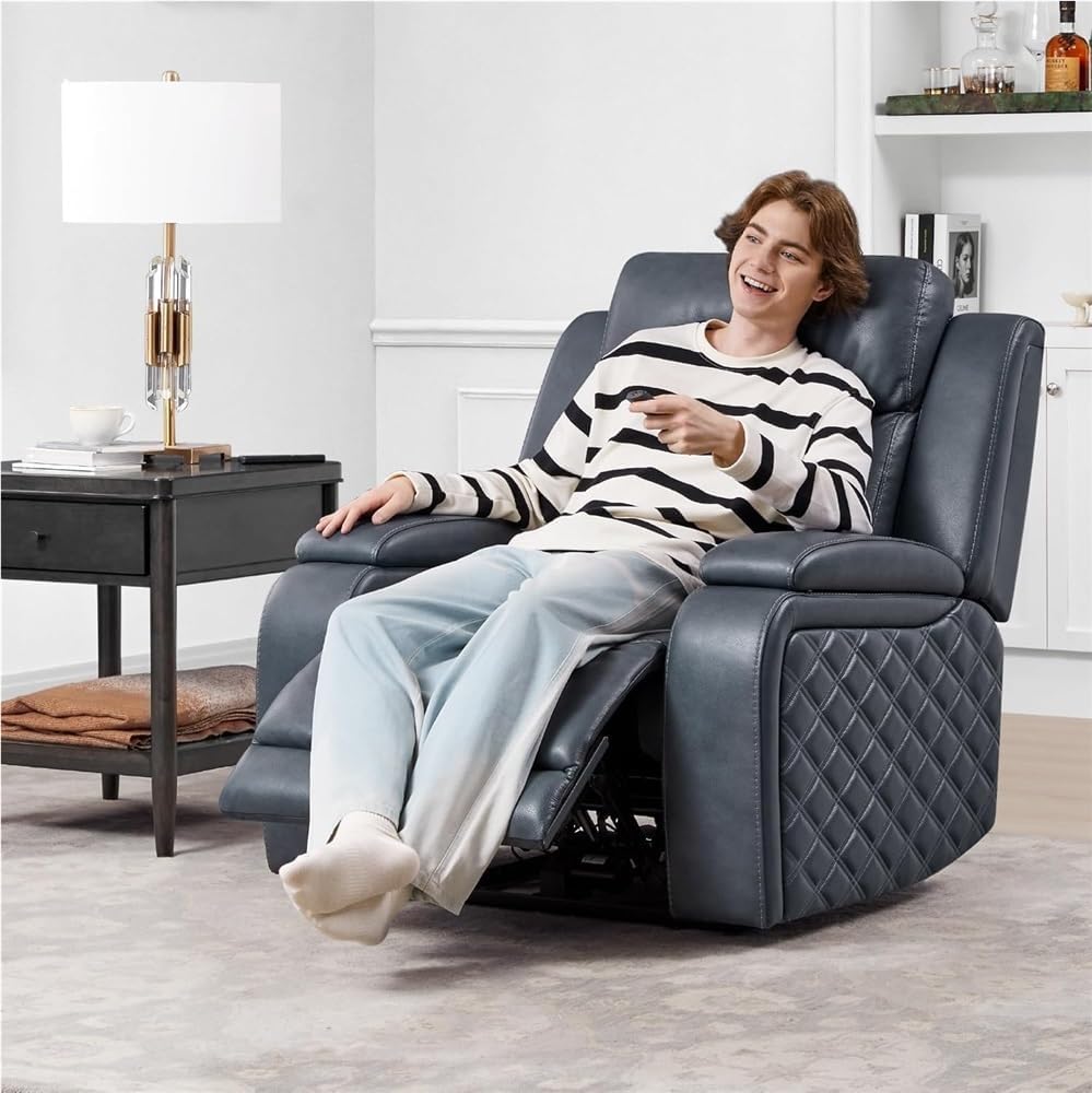Modern Power Recliner Chair with Power Headrest, Leather Electric Reclining Sofa for Living Room, Hidden Storage Armrest & USB Port, Motorized Home Theater Seating for Adults
