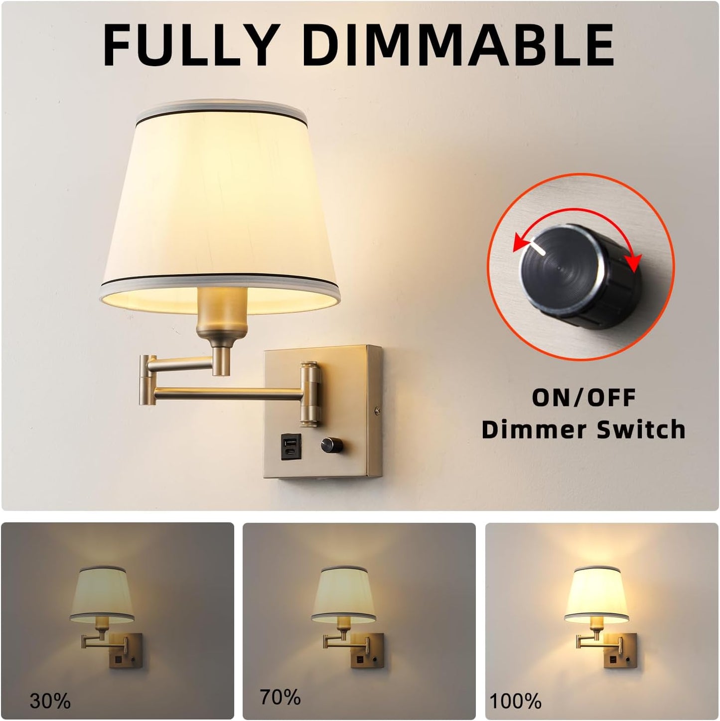 Swing Arm Wall Lamp with Type-C and USB Charging Port Wall Mounted Lamp with Dimmable Switch Plug in Wall Sconces White Fabric Shade Perfect for Bedside Living Room Reading Nook Office Satin Nickel