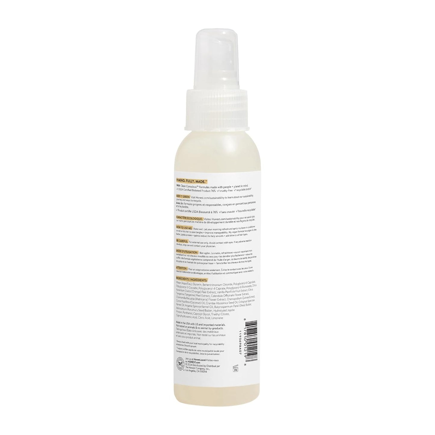 The Honest Company Conditioning Hair Detangler, Tear-Free, Hypoallergenic, Leave-In Conditioner and Fortifying Spray, Citrus Vanilla Refresh, 4 fl oz