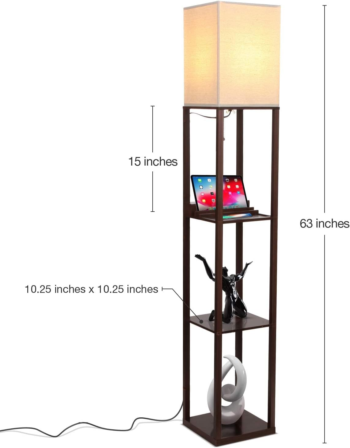 Brightech Maxwell Charger - Modern Shelf Floor Lamp with USB Charging Ports & Electric Outlet - Corner Display Floor Lamps with Shelves for Living Room, Bedroom and Office - Havana Brown