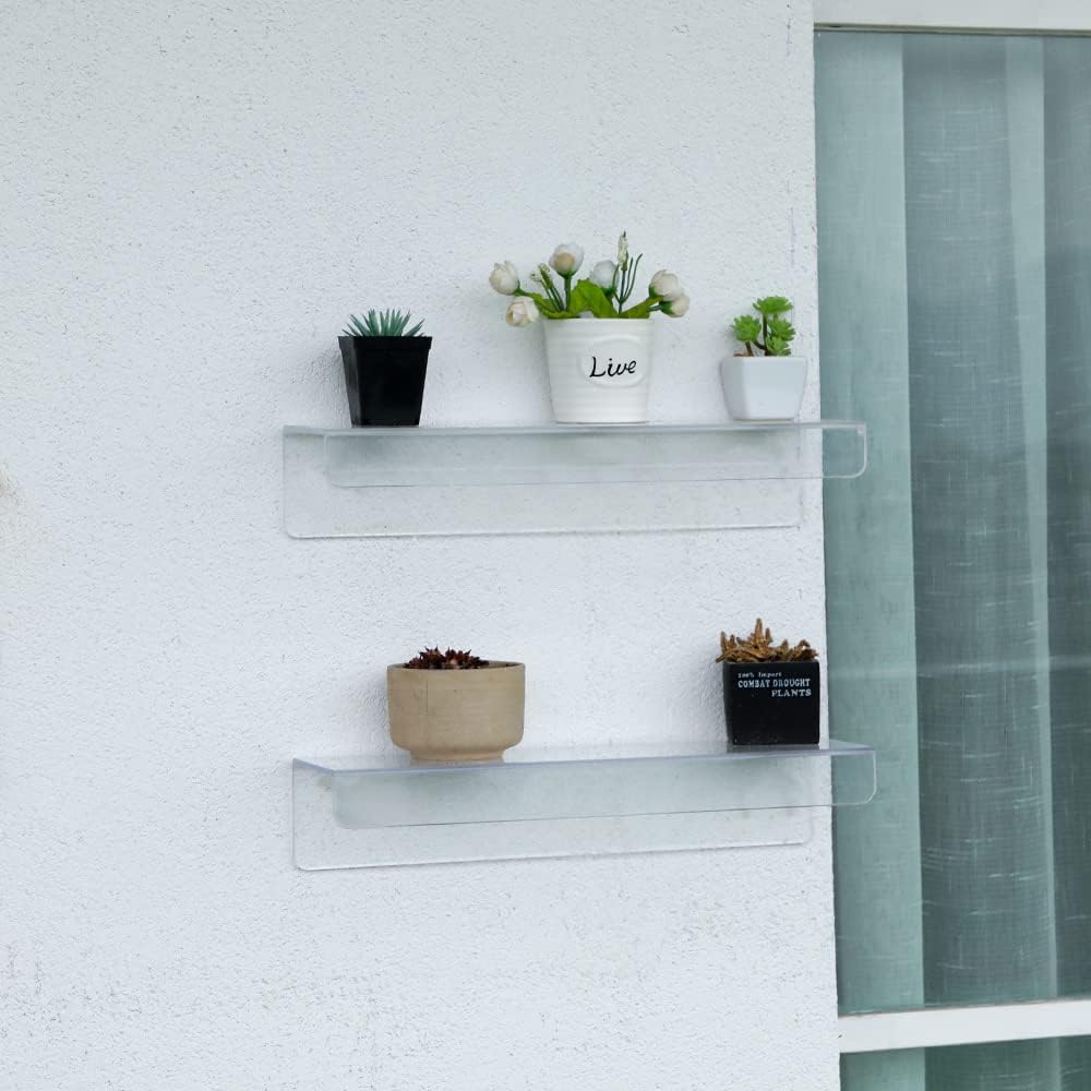 2 Pcak Clear Acrylic Shelves for Bedroom,Room,15 Inch Bathroom Wall Shelf & Organizer,Invisible Floating Shelves & Wall Storage for Collectibles Perfume Shelf,Record,Funko Pop,Lego Display,Bookshelf
