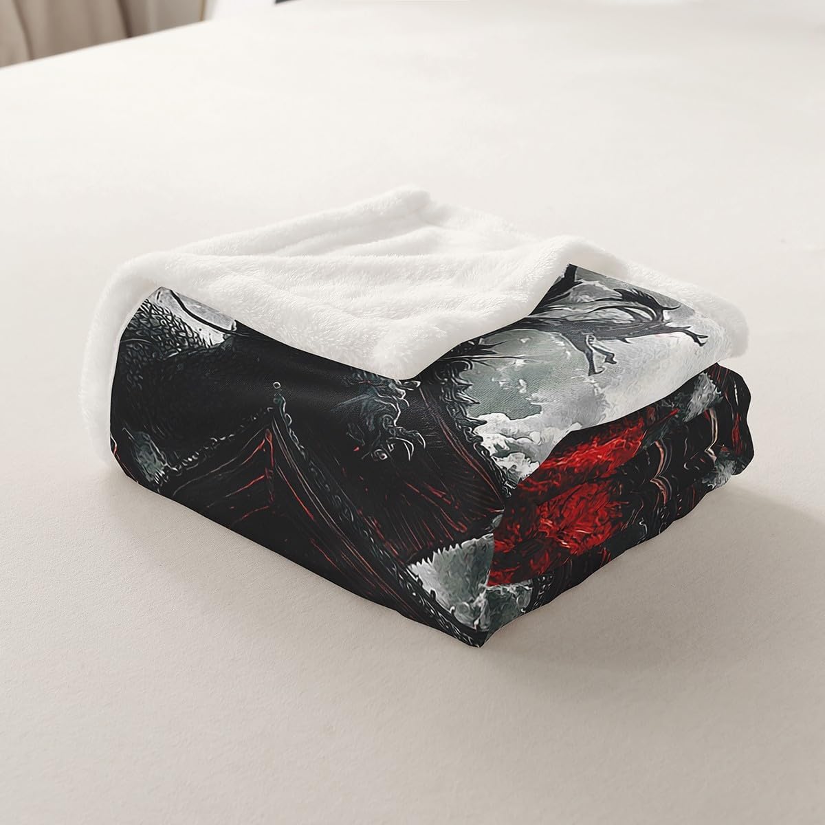 Feelyou Dragon Fleece Throw Blanket Queen 90"x90" Japanese Style Plush Blanket for Boys Girls Teens Samurai Sherpa Blanket Dragon Decor Fuzzy Blanket Room Decor Black Red Flannal Blanket