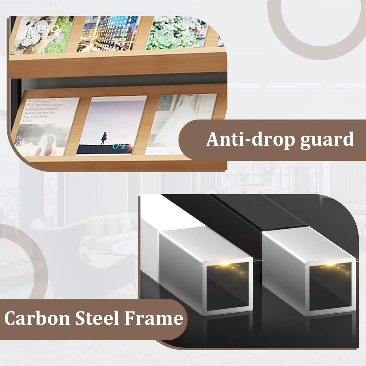 Industrial Magazine Rack,Floor-Standing Brochure Display Stand with Carbon Steel Frame, Wooden Literature Organizer for Office, Waiting Room, Retail Store(39.3"*11.8"*65", Natural Wood)