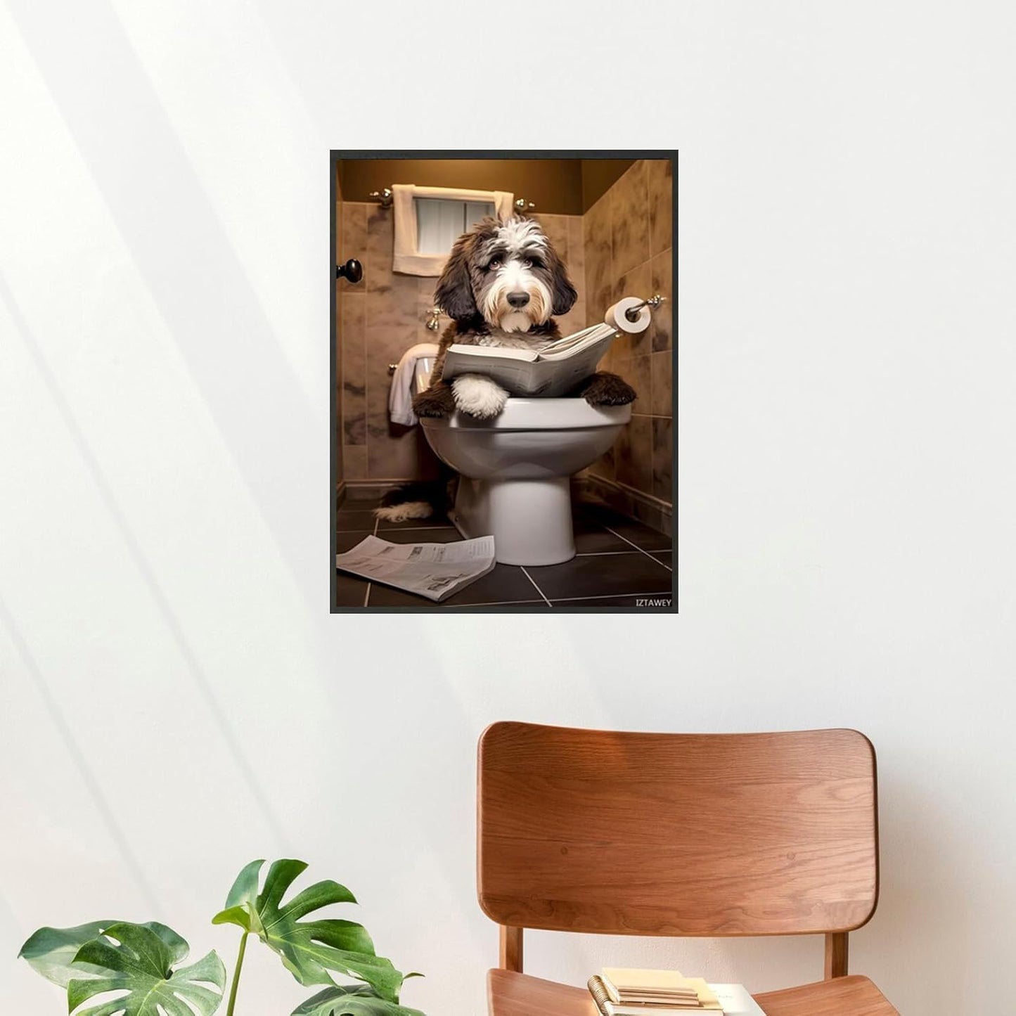 Funny Dog Sitting on The Toilet Wall Art, Bernedoodle Dog Humorous Canvas Print Decorations Artwork for Living Room, Bathroom Unframed 12x16inch