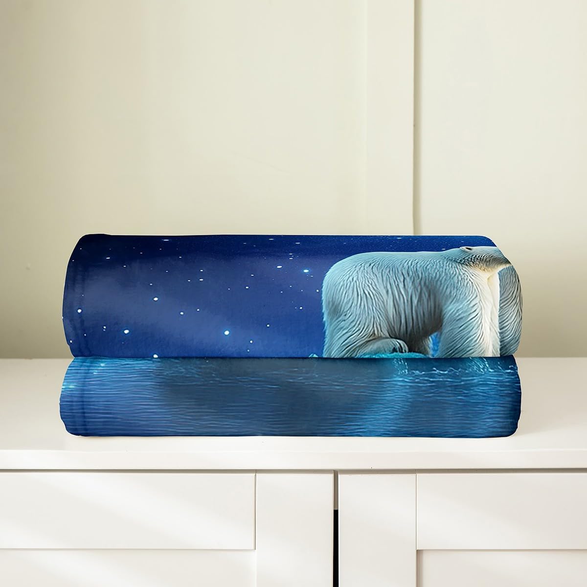 Erosebridal Polar Bear Throw Blanket Queen 90x90 Inch for Bedroom,Arctic Wild Animal Fleece Blanket,Snow Scenery Flannel Blanket,Blue Starry Sky Bed Blanket Warm