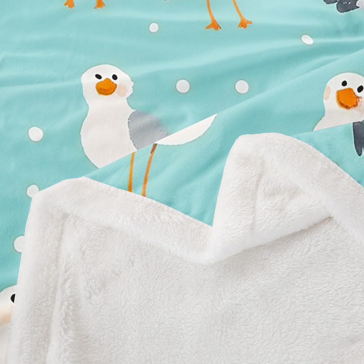Feelyou Kids Seagull Throw Blanket Cute Ocean Animal Sherpa Blanket for Girls Boys Bedroom Teal Blue Marine Sea Bird Decor Fleece Blanket White Polka Dots Fuzzy Plush Blanket Throw 50"x60"