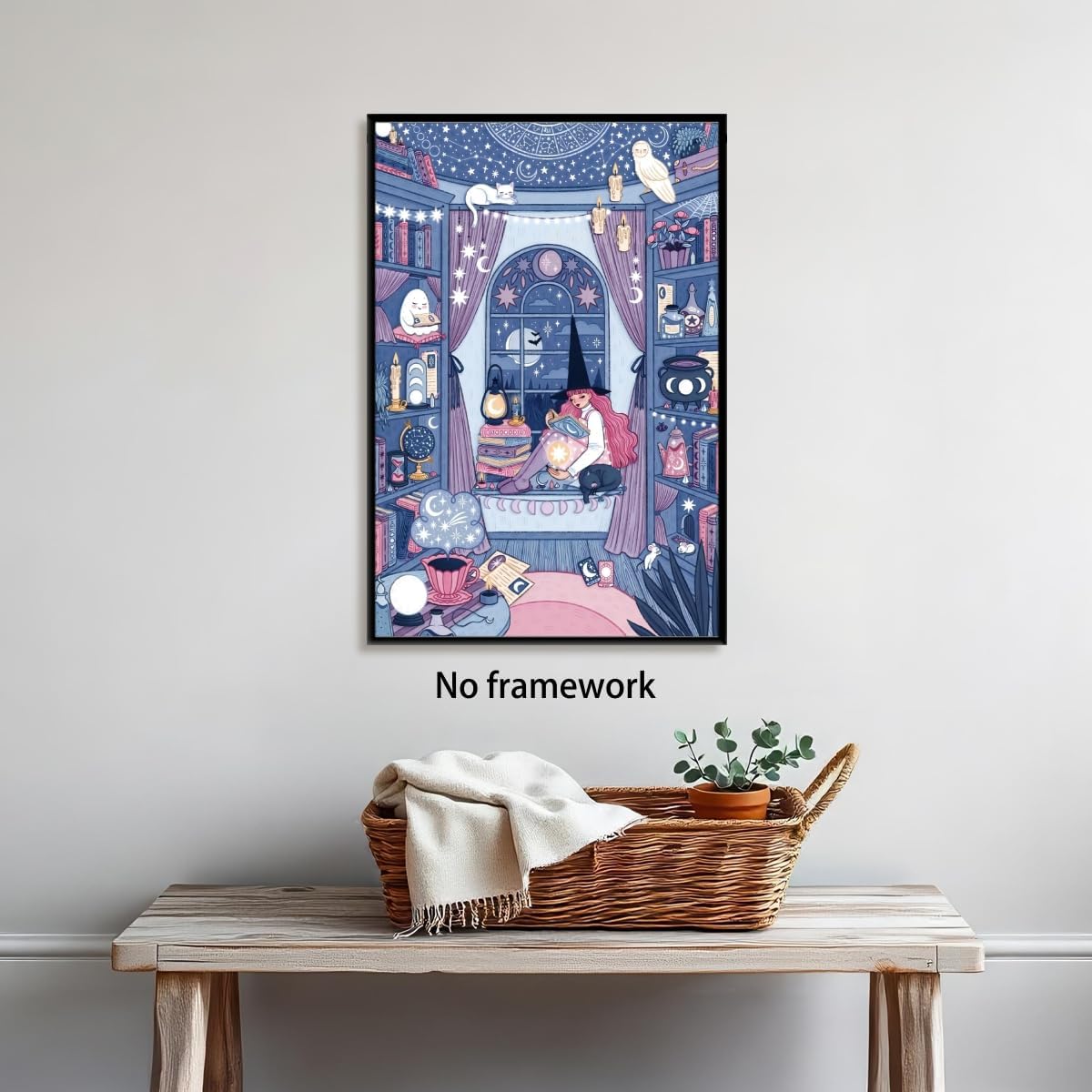 Funny Celestial Witch Room Canvas Print Halloween Wall Art Witchy Illustration Poster Magical Room Decor Astronomy Artwork Starry Sky Art Cozy Reading Nook For Bedroom 16x24inch Unframed
