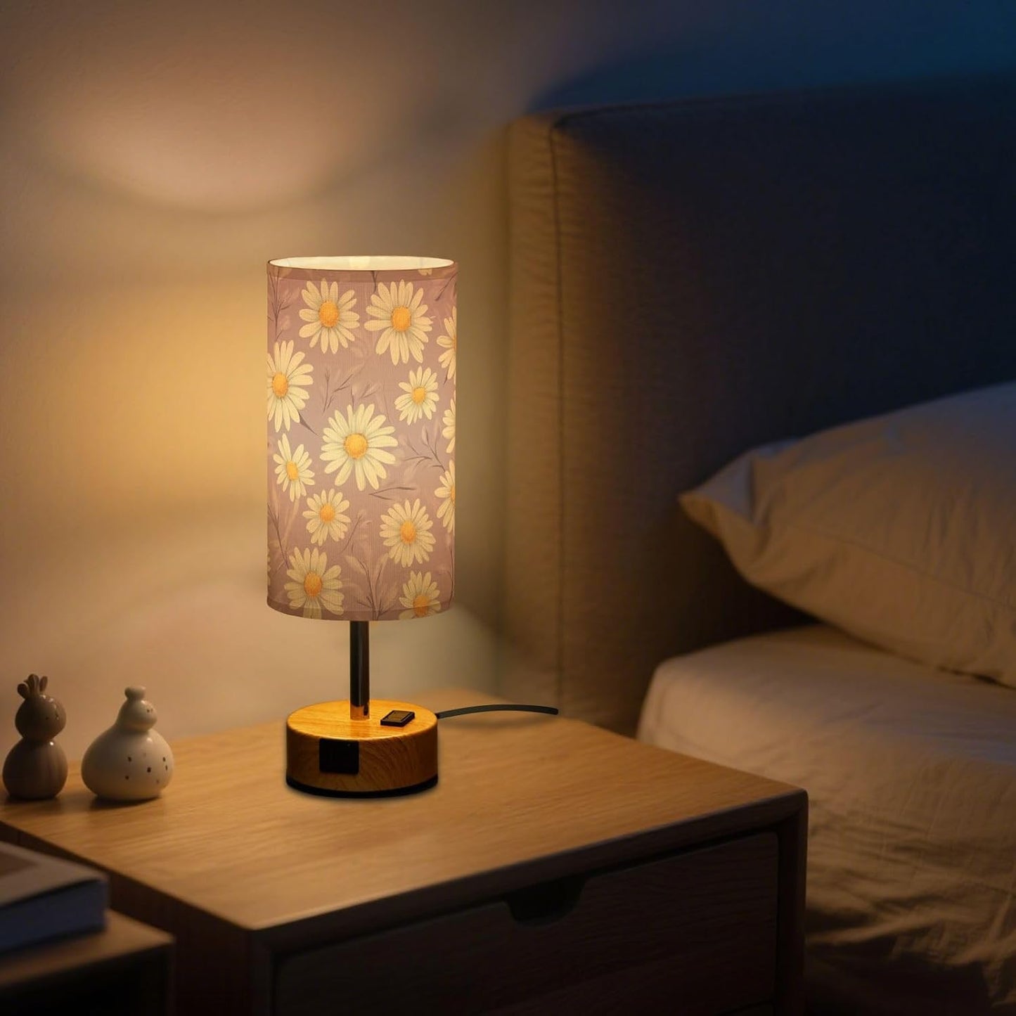 Dimmable White Daisy Flowers Lavender Leaves Table Lamp with 2 USB C Charging Ports & AC Outlet, Touch Lamps for Nightstand Bedside Small Lamp Night Stand Side Light for Bedroom/Desk, 14 in