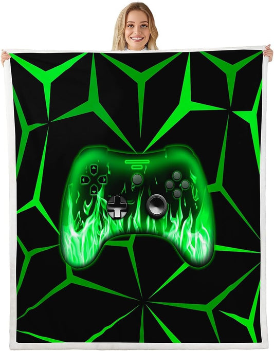 Feelyou Kids Gamer Sherpa Blanket,3D Video Gaming Fleece Throw Blanket for Teens Boys,Green and Black Game Console Plush Blanket,Geometric Game Contoller Fuzzy Blanket for Sofa Bed Couch 90"x90"