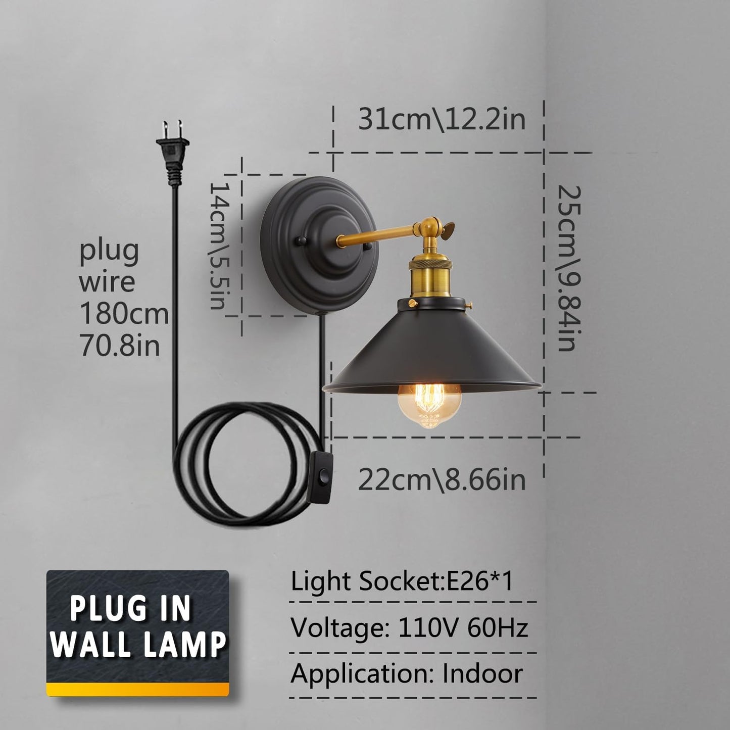 Lightess Plug in Wall Sconces Set of 2, Vintage Plug in Wall Light with 6FT On/Off Switch, Rotatable Mounted Lamps for Bedroom Living Room