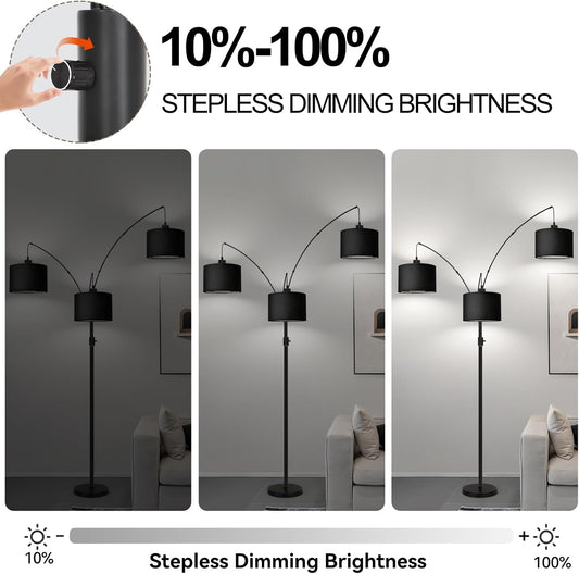 Dimmable Floor Lamp - 3 Lights Arc Floor Lamps for Living Room,Modern Tall Standing Tree Lamp with Black Linen Shade & Heavy Base,Mid Century Floor Lamp for Bedroom Corner Office, 3 LED Bulbs Included