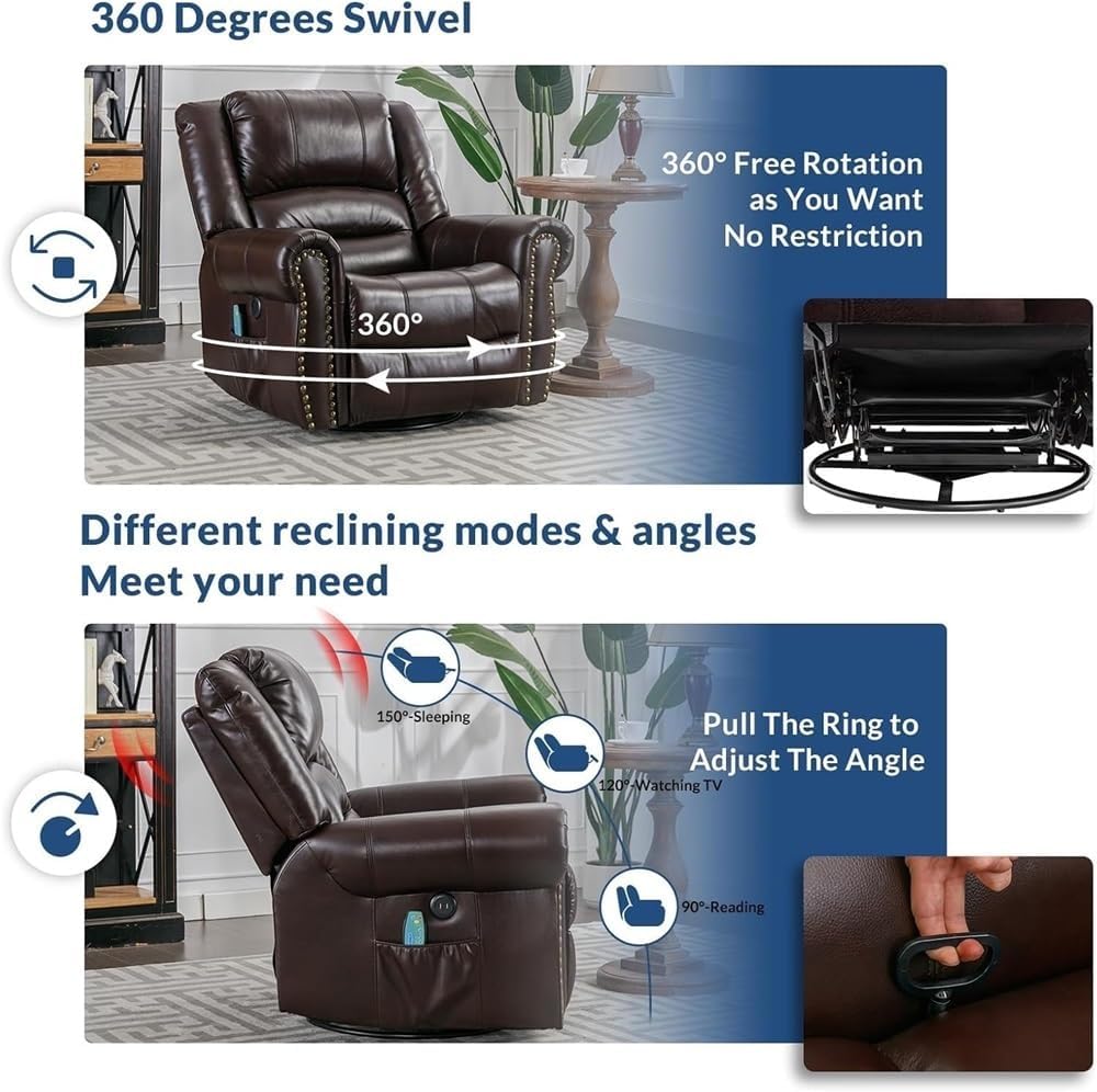 Power Swivel Rocker Recliner with Massage and Heat – Manual Recline, USB Charging Ports, Comfortable Glider Chair for Living Room, Home Office, Lounge