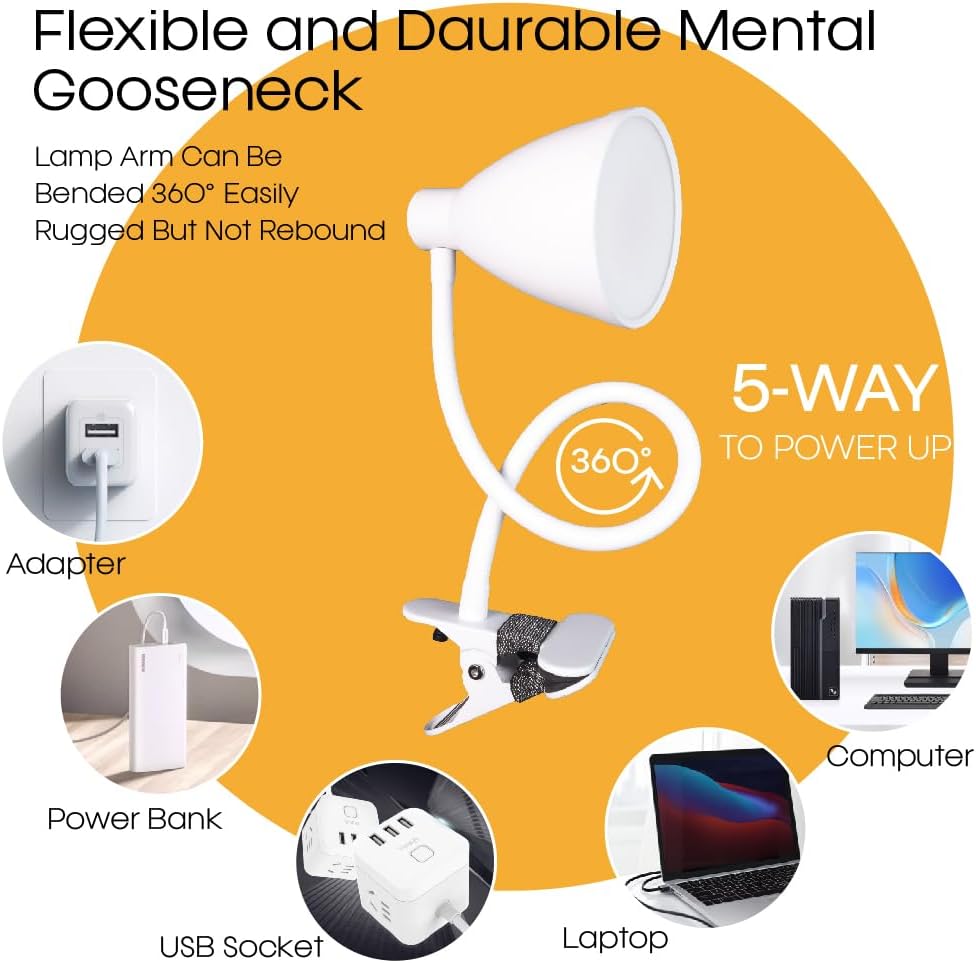 Clip on Lamp Reading Lights,3 Color Modes 10 Brightness Dimmer with Auto Off Timer Eye-Caring 360° Flexible LED Desk Lamp Gooseneck Clip for offic Bed Desk Headboard Dorm ,AC Adapter Include,White