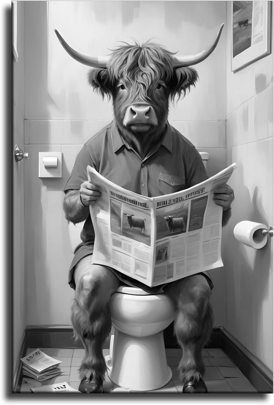 Wall Art Highland Cow reading the paper in the bathroom Canvas Poster Living Room Wall Art Bedroom Wall Decor Printins (16x24inch-No Framed)